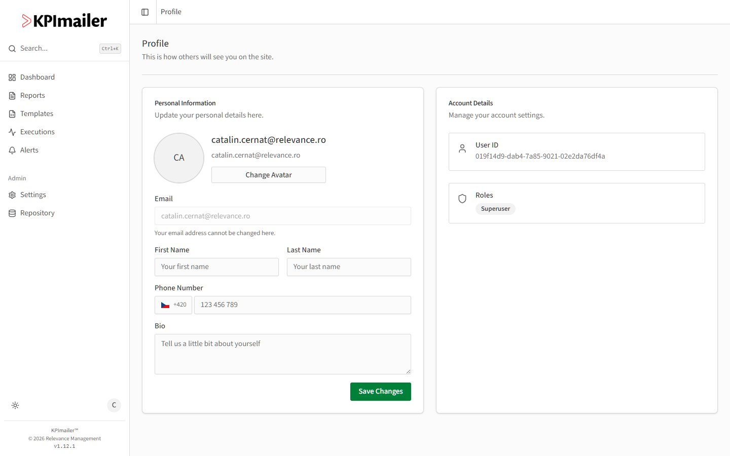 Profile page with Personal Information fields - avatar, email, first and last name, phone number, bio - and an Account Details card showing User ID and Roles