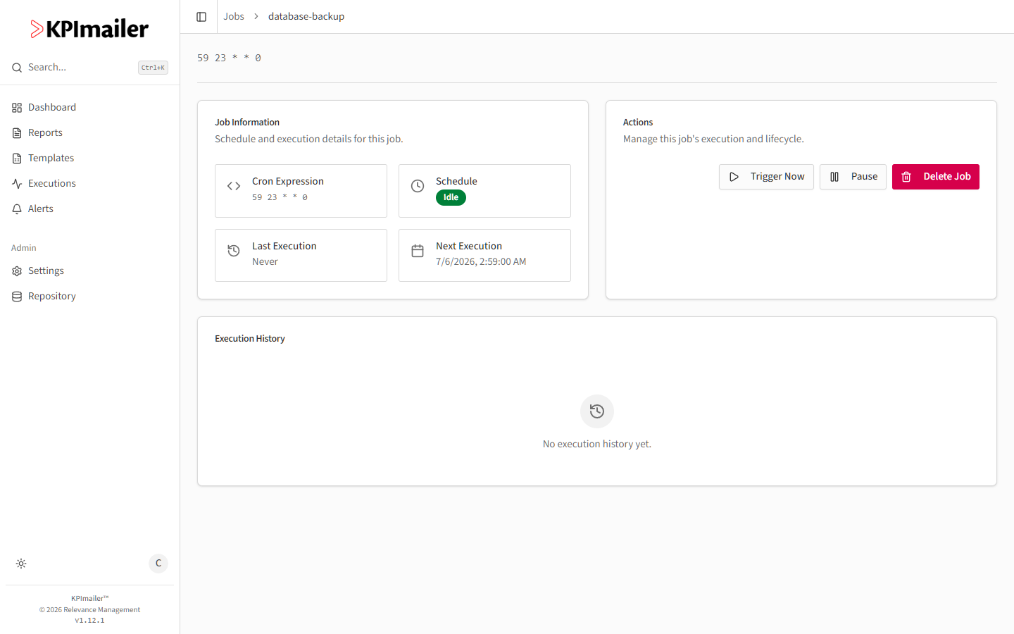 Job detail page for database-backup showing its cron expression, schedule status, last/next execution, Trigger Now, Pause, and Delete Job actions, and an execution history table