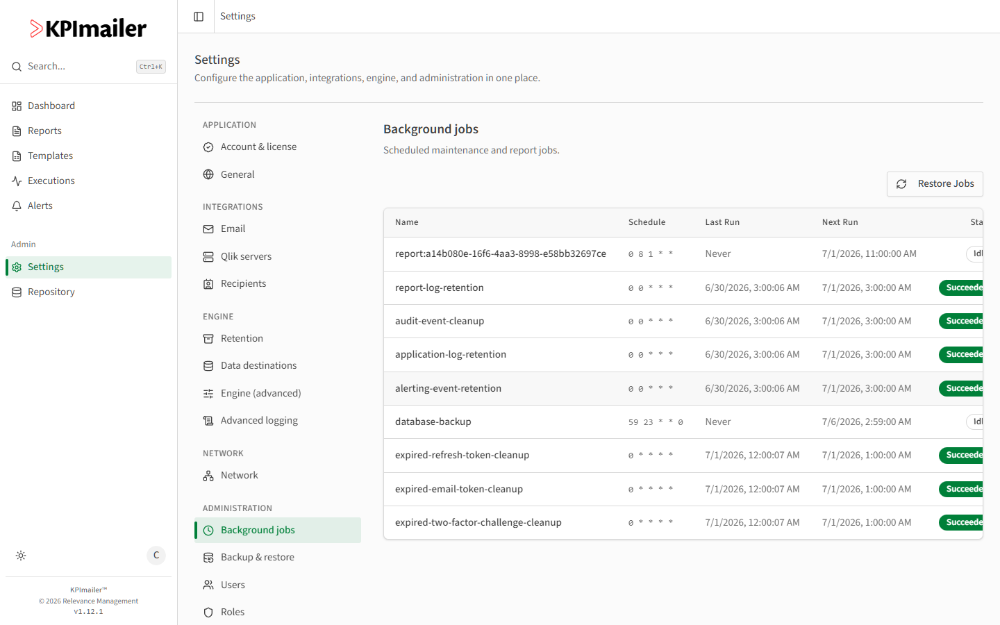 Background jobs table listing report and system jobs with their cron schedule, last run, next run, and status
