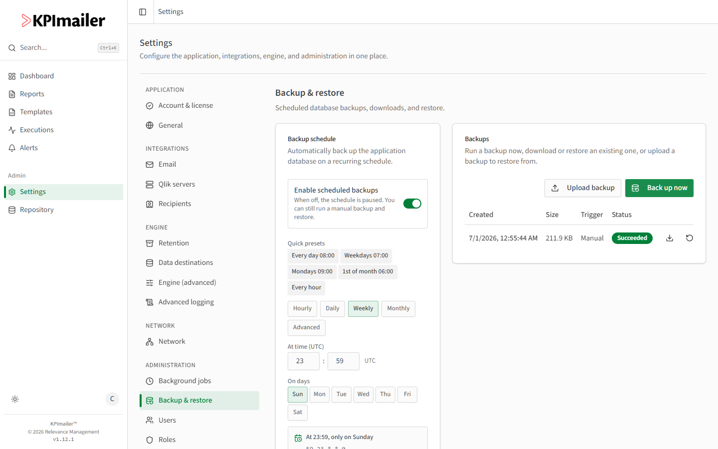 Backups card with Upload backup and Back up now buttons, and a completed manual backup row with Download and Restore actions