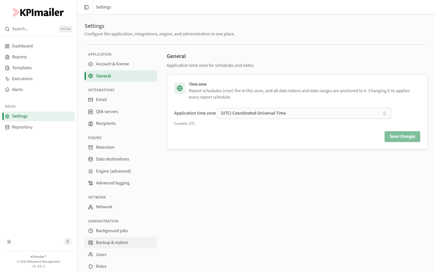 General settings showing the Application time zone dropdown set to UTC