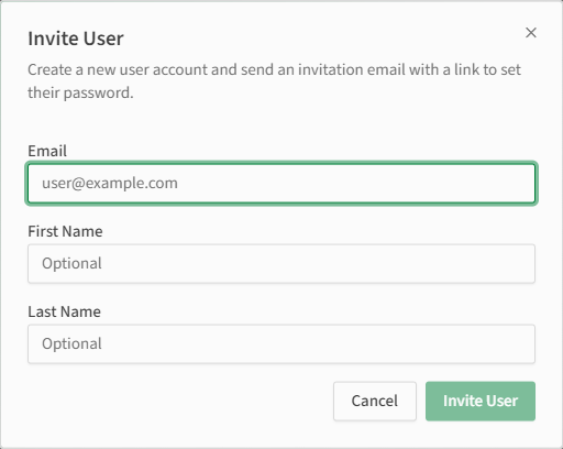 Invite User dialog with Email, First Name, and Last Name fields