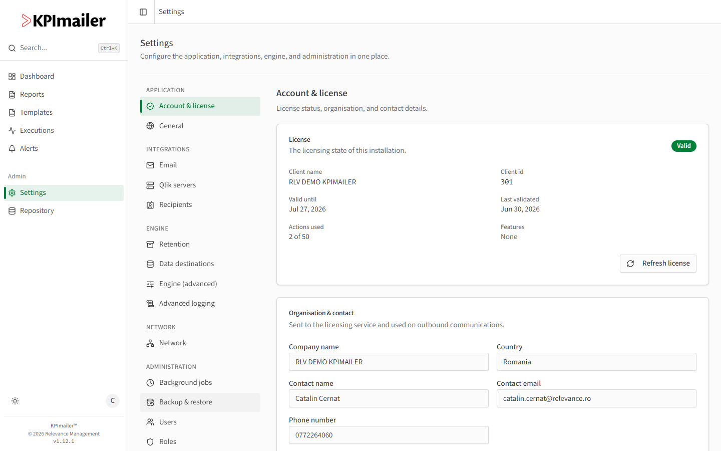 Settings navigation with the Account & license page open, showing License status and Organisation & contact fields