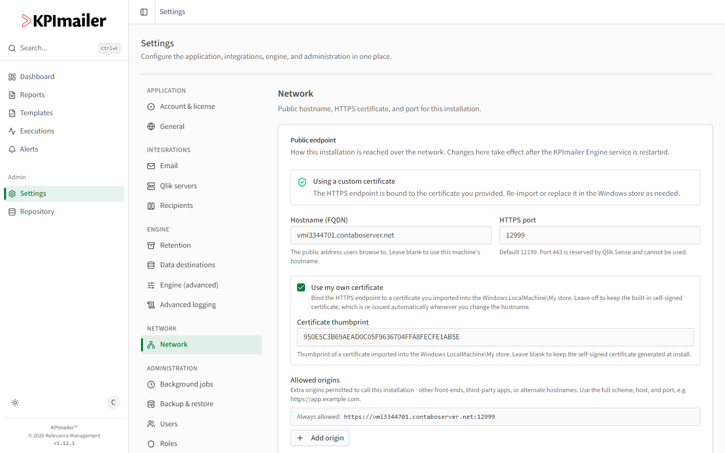 Network settings showing Hostname, HTTPS port, Use my own certificate with a Certificate thumbprint field, and Allowed origins