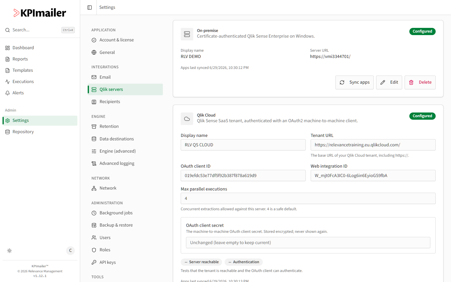 Qlik Cloud edit panel showing Display name, Tenant URL, OAuth client ID, Web integration ID, Max parallel executions, and OAuth client secret