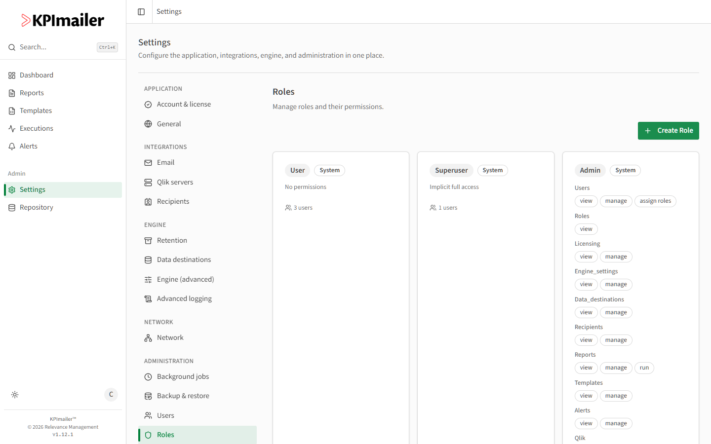 Roles page showing the User, Superuser, and Admin cards, each with its permission categories and view/manage/run/assign-roles grants