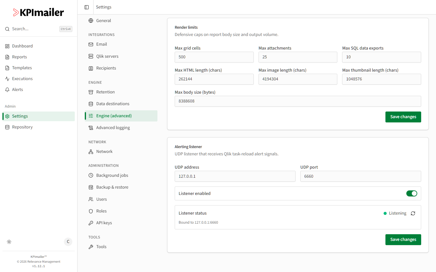 Alerting listener settings with UDP address, UDP port, a Listener enabled switch, and a Listening status