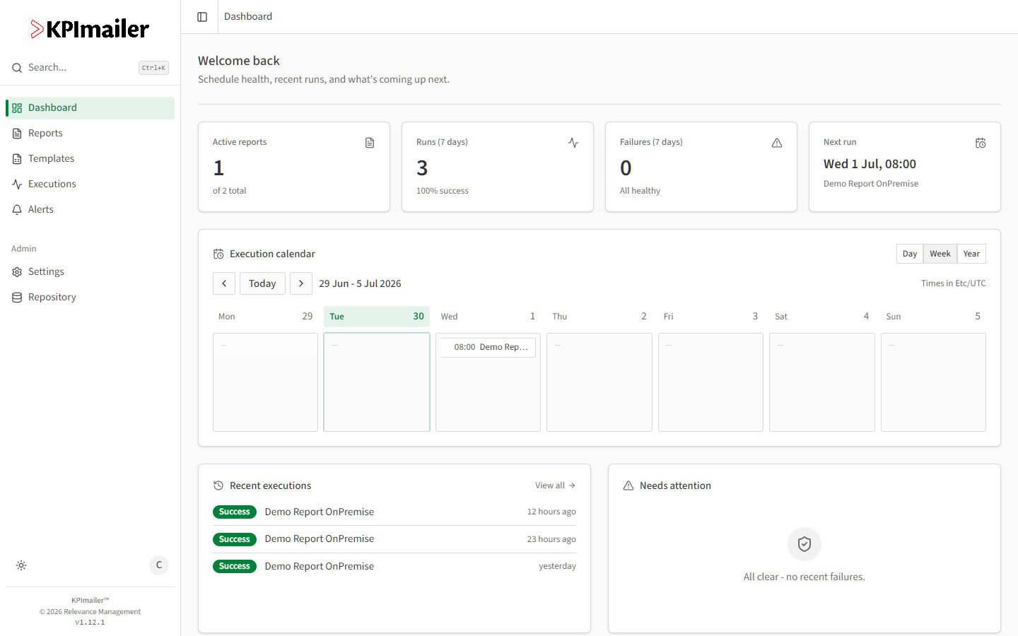 KPImailer dashboard showing active report counts, an execution calendar, recent executions, and quick action cards