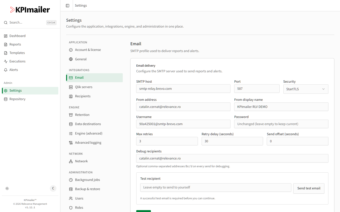 Email delivery settings with SMTP host, port, security, from address, and a Send test email button
