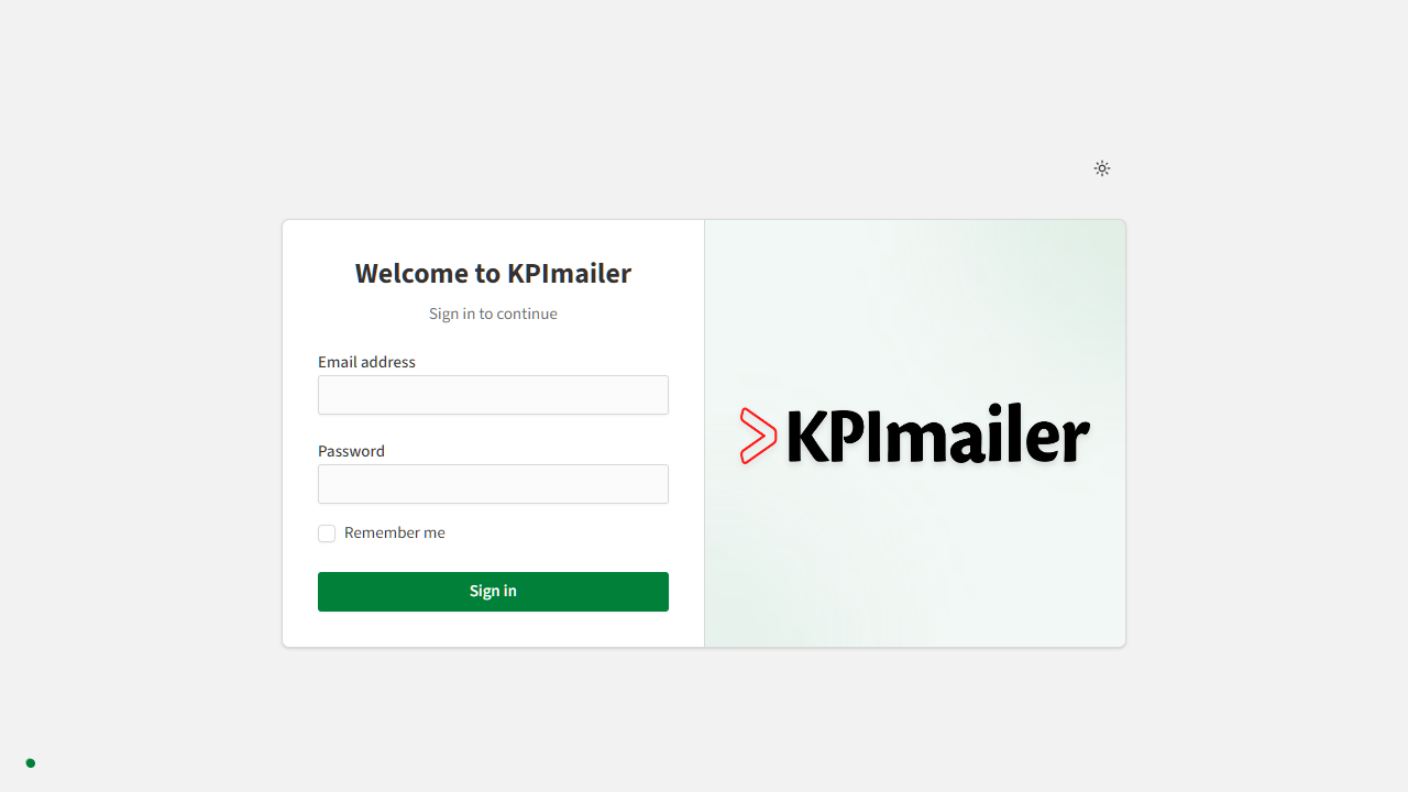 KPImailer sign-in screen with email, password, and a Remember me checkbox