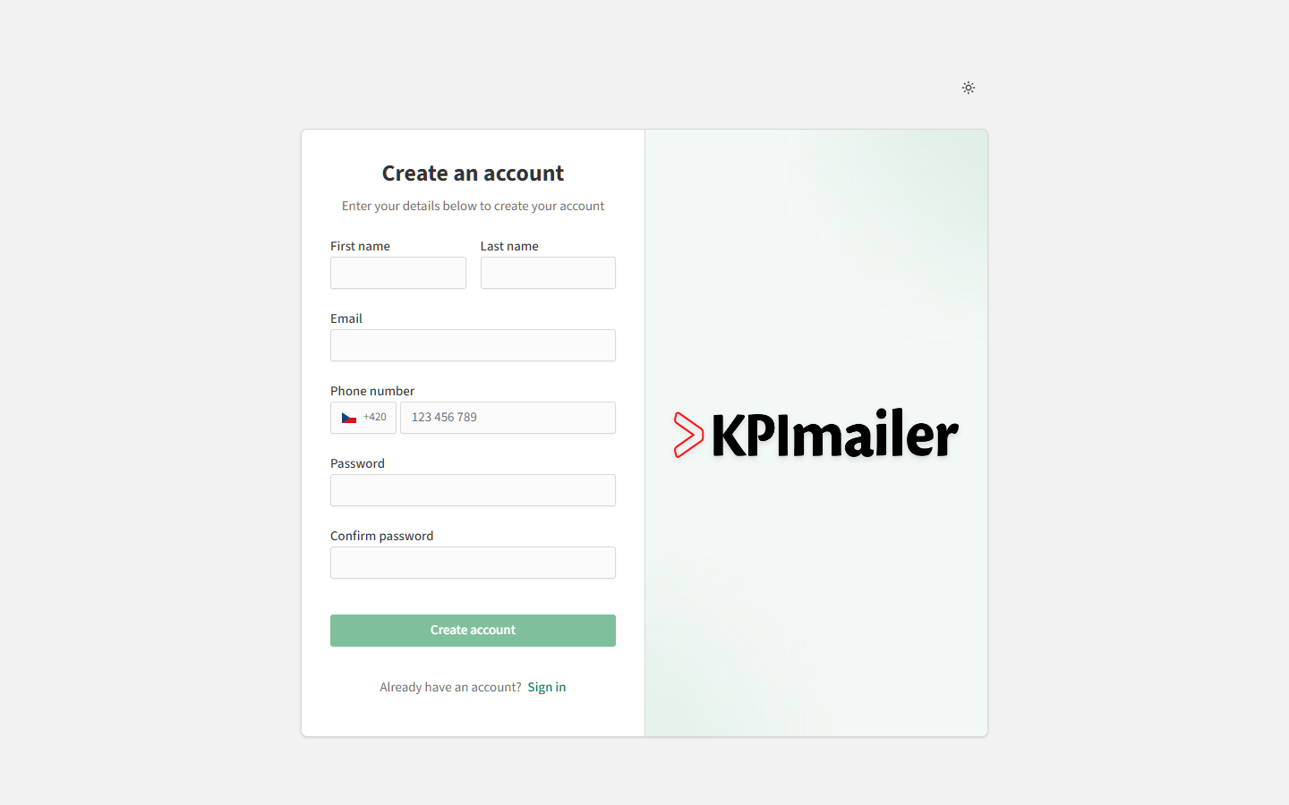 Create an account form with first name, last name, email, phone number, and password fields