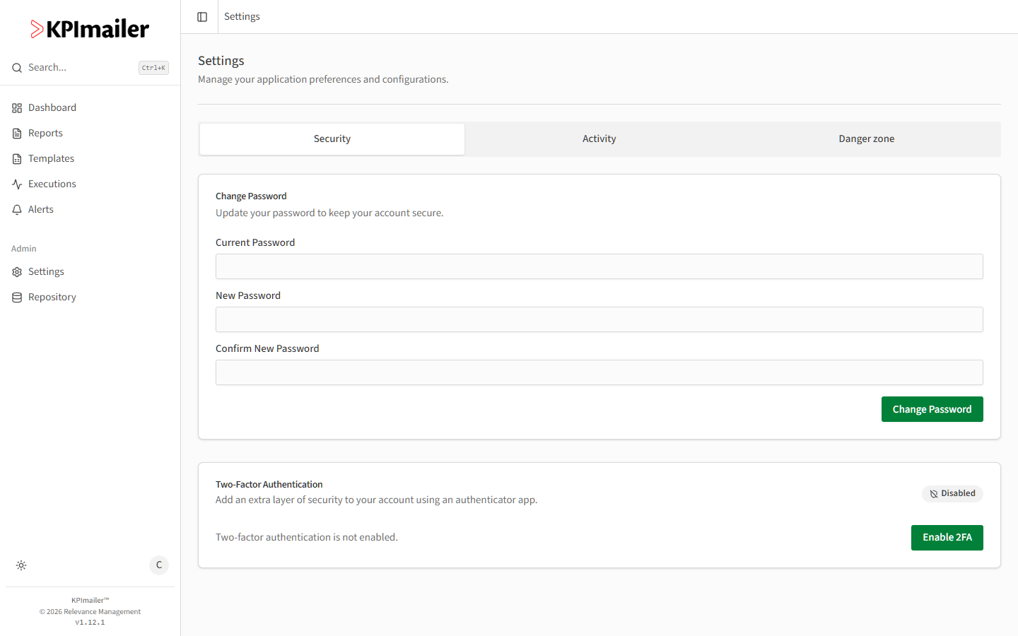 Settings page Security tab with Change Password fields and a Two-Factor Authentication card showing Disabled status