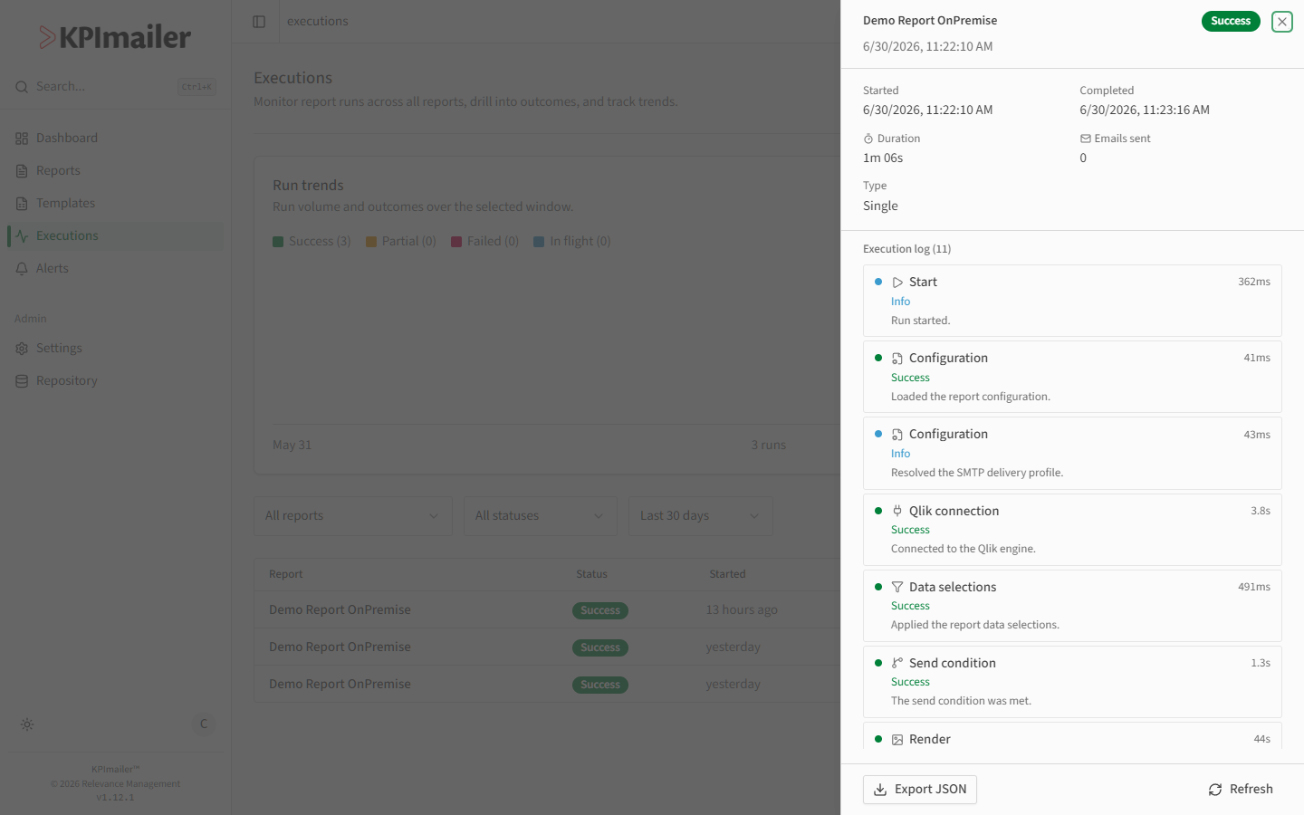Execution detail panel showing started, completed, duration, emails sent, type, and the start of the execution log