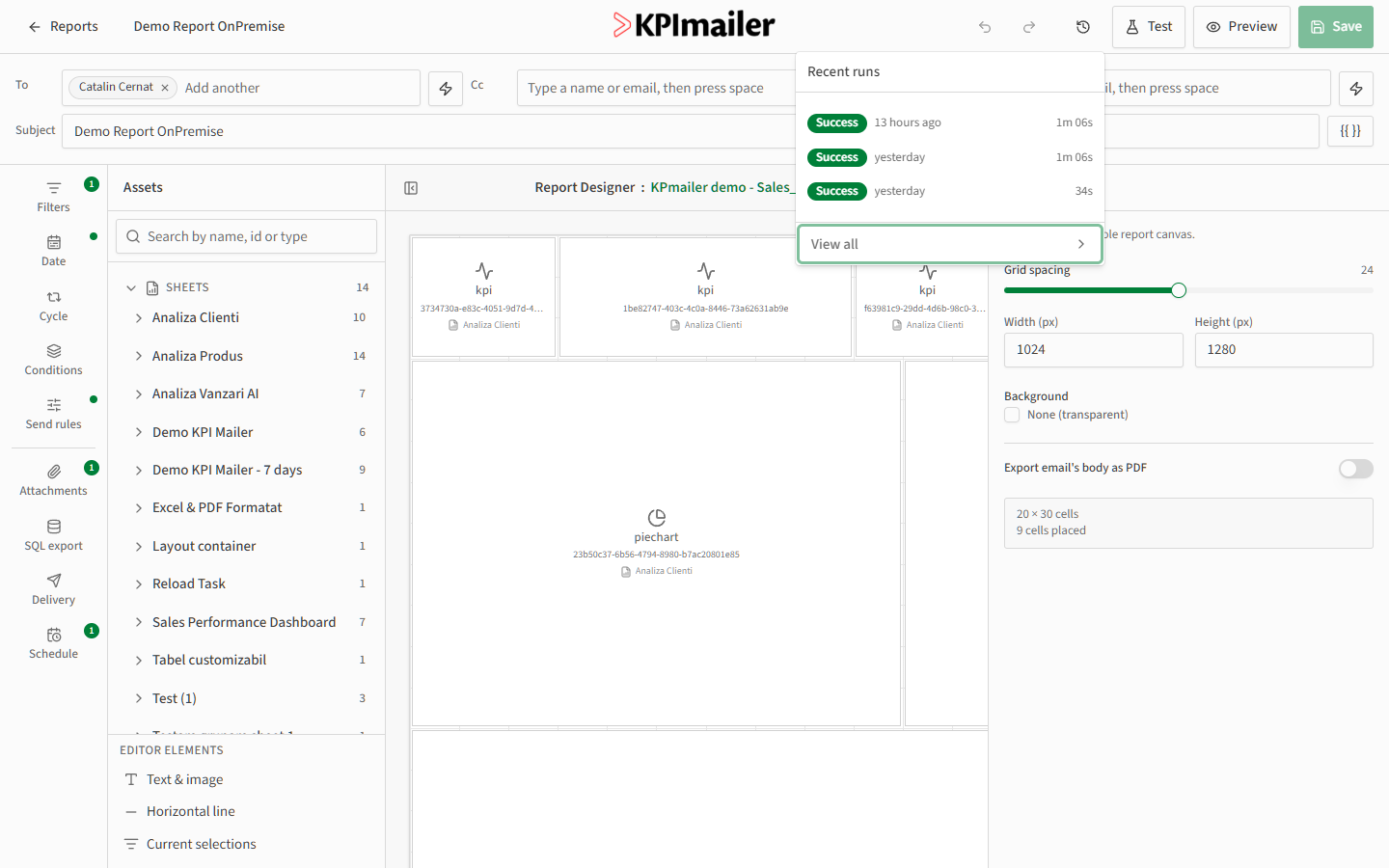 Run history popover in the report editor listing recent runs with a View all link