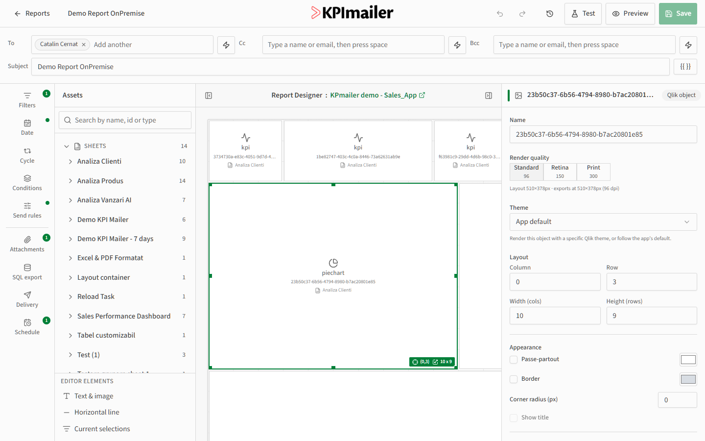Cell properties panel for a Qlik object showing render quality, theme, layout position and size, and appearance options