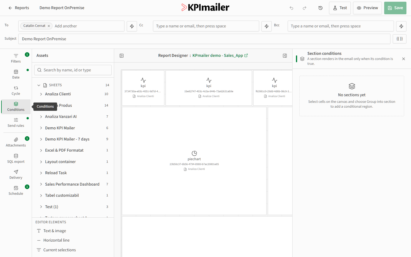 Section conditions panel, empty state, explaining that sections render only when their condition is true