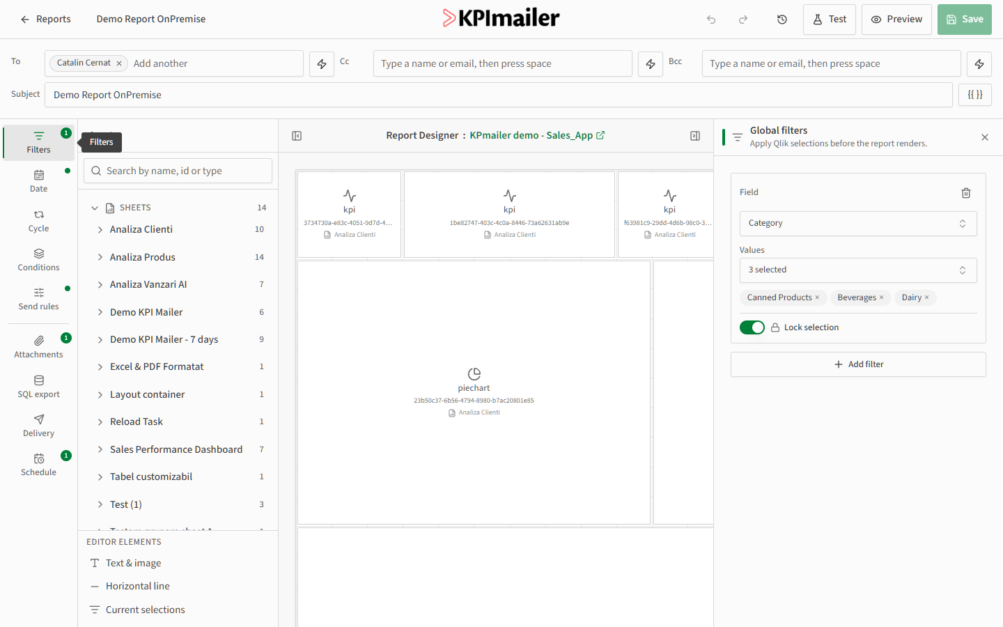 Global filters panel with a Category field and three selected values, plus a lock-selection toggle