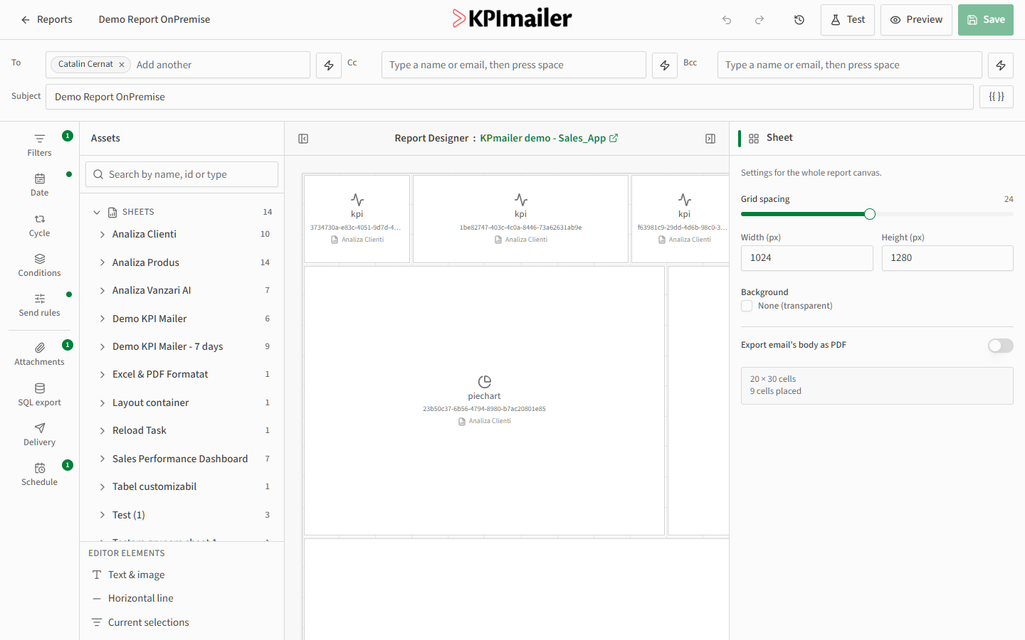 Report editor Design canvas with KPI cards and a pie chart placed on the grid