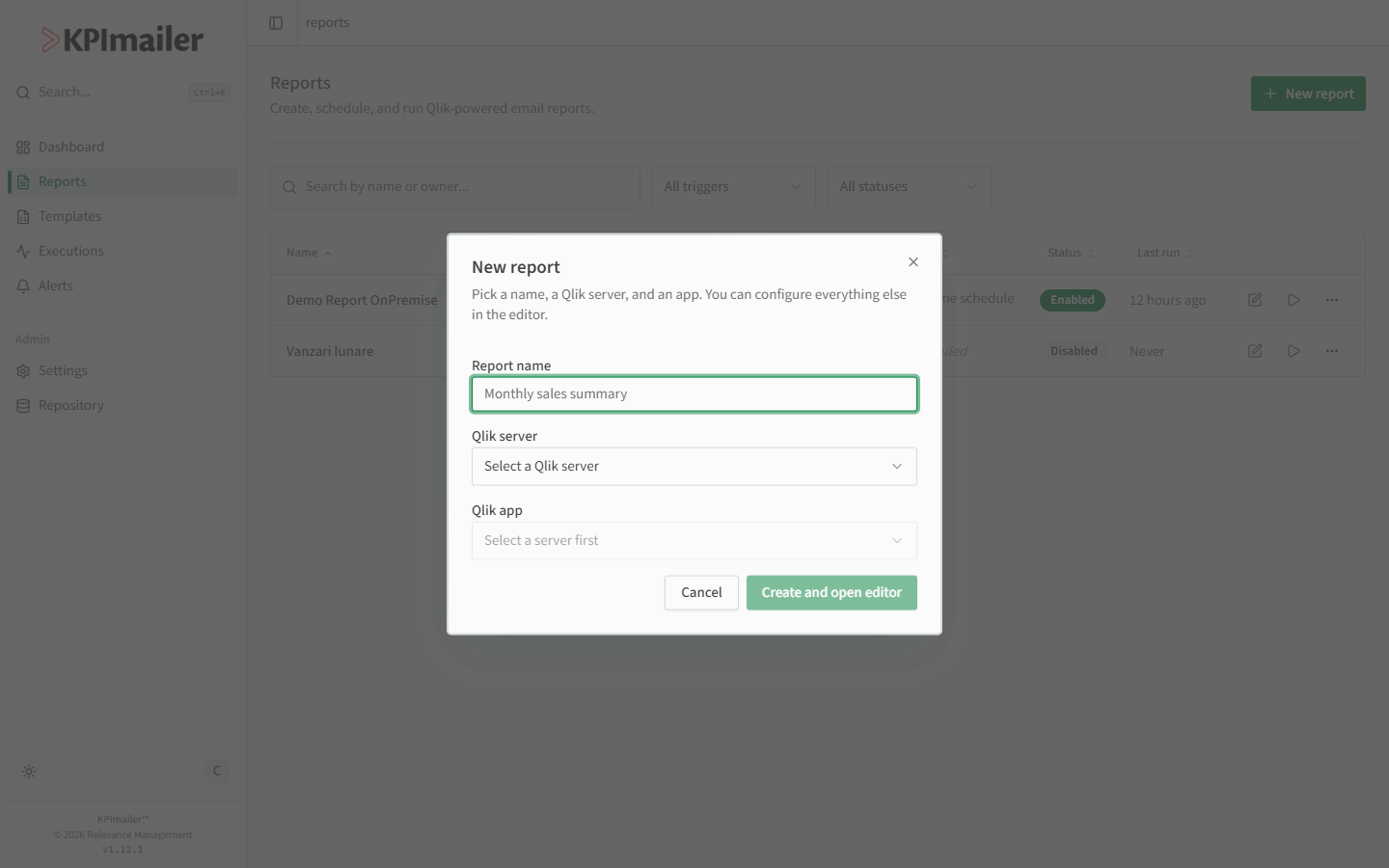 New report dialog with a name field and Qlik server and Qlik app dropdowns