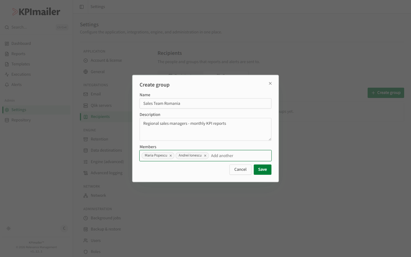 Create group dialog with a name, description, and two members added