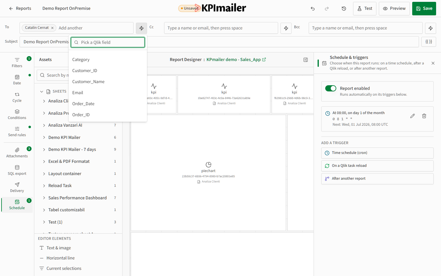 Pick a Qlik field dropdown listing fields including Email, Customer_ID, and Order_Date