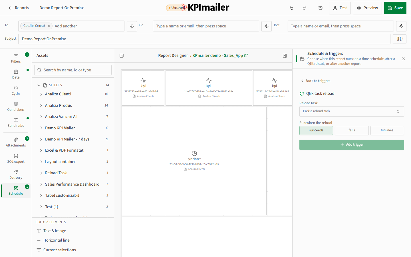Qlik task reload trigger panel with a reload-task picker and succeeds/fails/finishes options