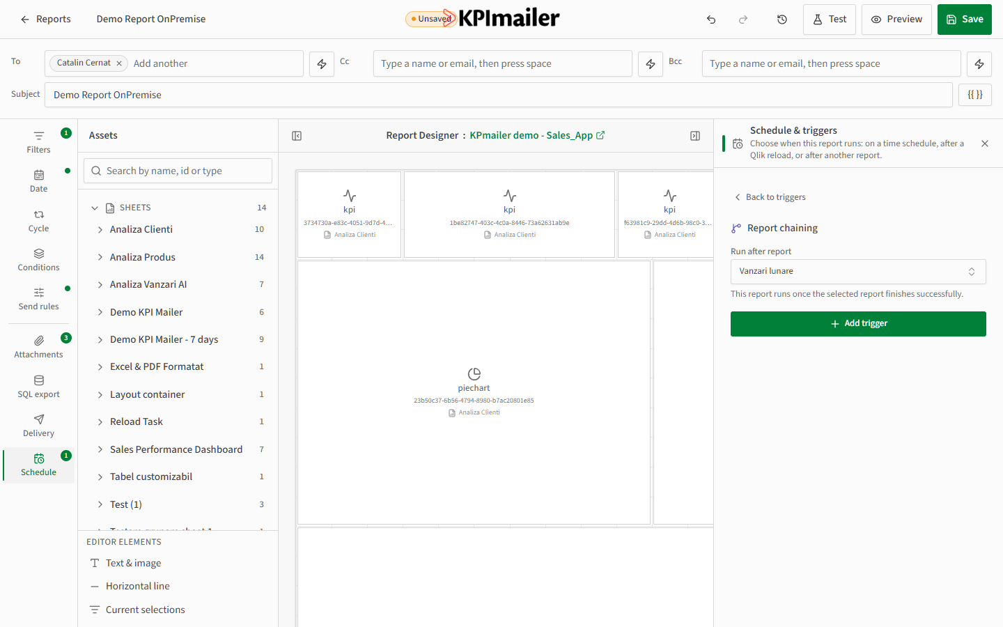 Report chaining trigger panel with a Run after report picker