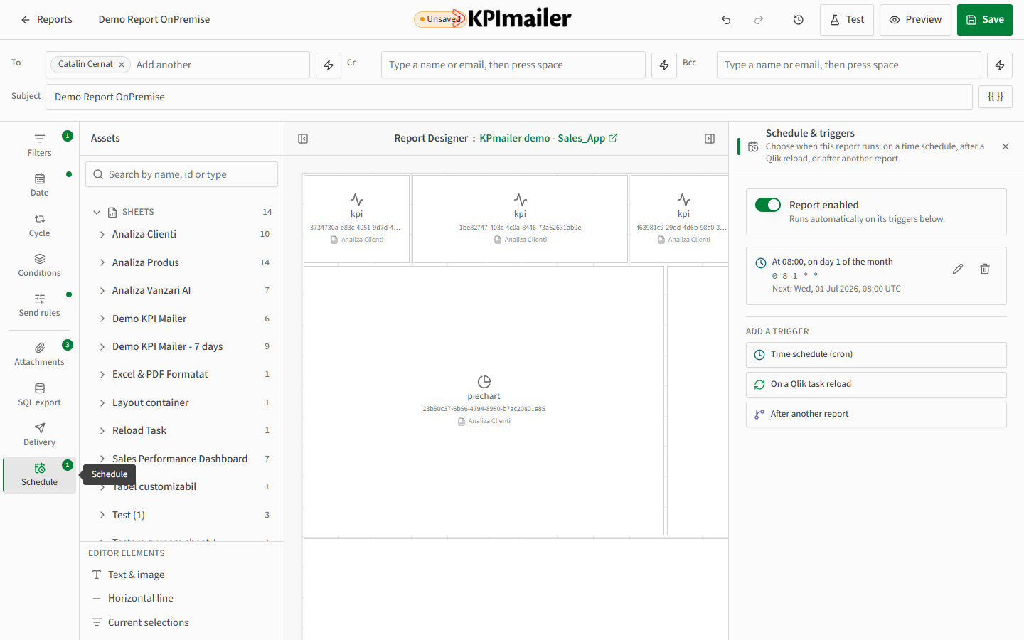 Schedule and triggers panel with report enabled, an existing monthly trigger, and options to add a time schedule, Qlik task reload, or report-chaining trigger