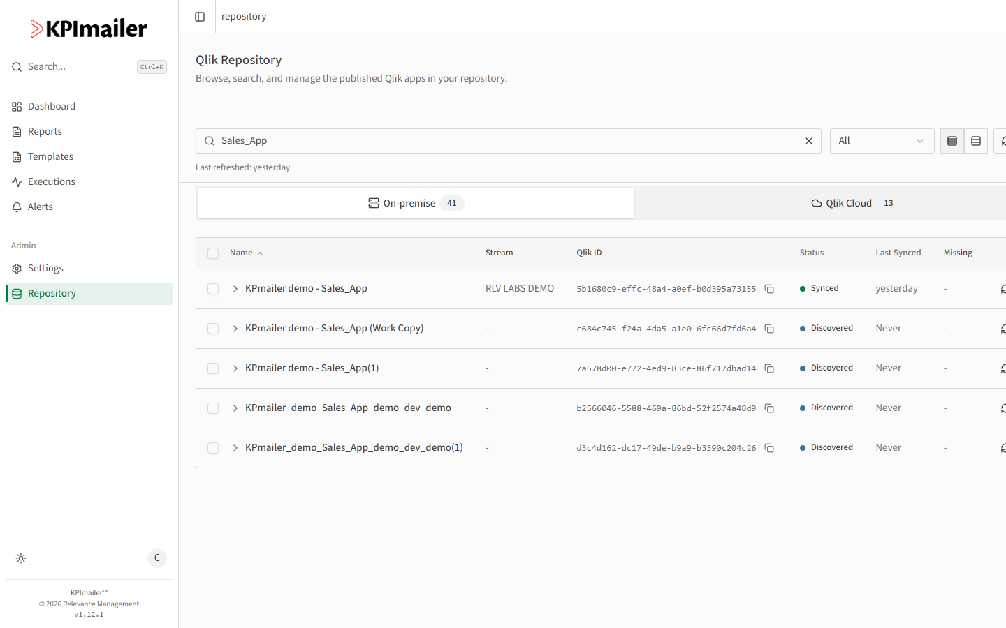Search results for an app name showing matches across streams with Synced and Discovered status badges