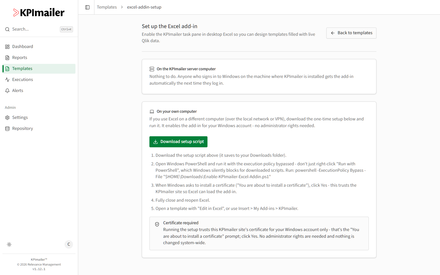 Set up the Excel add-in page with separate instructions for the server computer and your own computer, and a Download setup script button