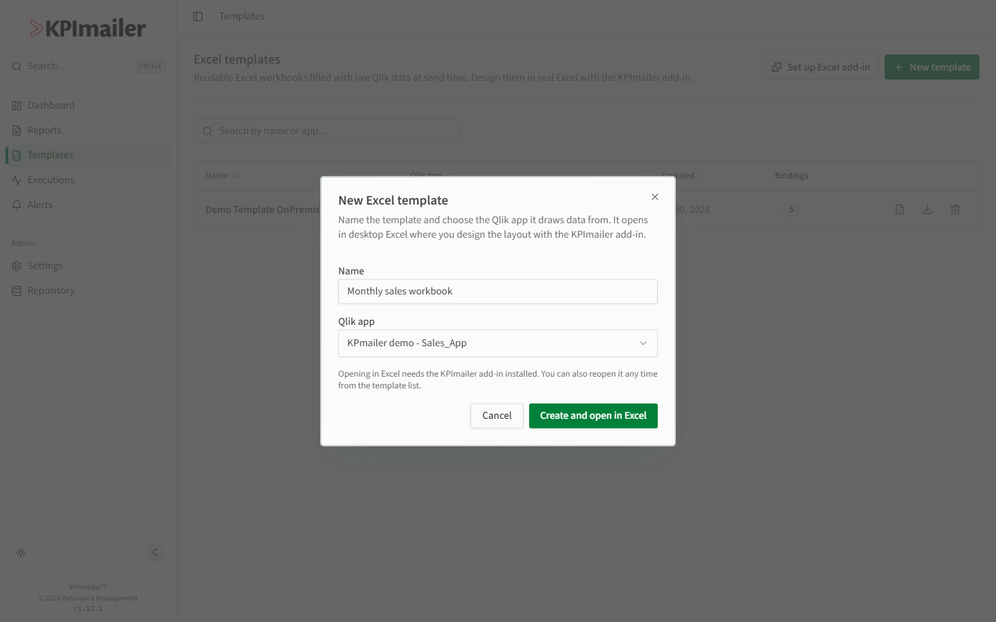 New Excel template dialog with a name field, a Qlik app dropdown, and a Create and open in Excel button