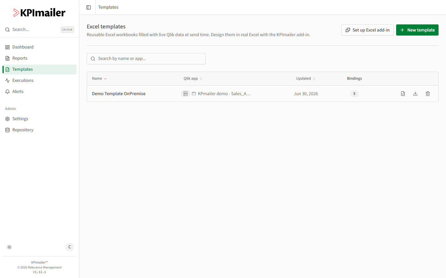 Excel templates list with the Set up Excel add-in and New template buttons